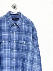 【Polo RALPH LAUREN】L/S リネンチェックシャツ ポニー無し L ポロラルフローレン サファリシャツ ヴィンテージ 古着