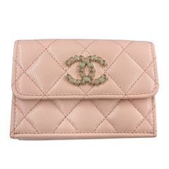 【CHANEL】シャネル マトラッセ スモール フラップウォレット 三つ折り財布 レザー レディース ランダムシリアル キャビアスキン ピンク ビジュー ココマーク