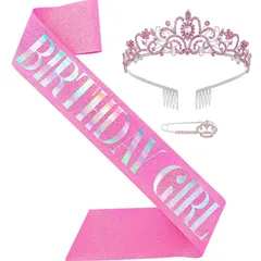 HUAZONTOM 誕生日 王冠 たすき ブローチ 3点セット 「BIRTHDAY GIRL」 ティアラ パーティーグッズ 誕生日カチューシャ パーティーハット バースデー 飾り 女の子 おしゃれ ピンク エレガント 「誕生日ガール」