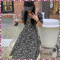 送料無料 小花柄 ロングワンピース スクエアネック レディース きれいめ 春夏ワンピース パフスリーブ サマーワンピ スリット フレアワンピース Aライン ハイウエスト韓国 体型カバー レトロ 大人可愛い 着やせ リゾートワンピ半袖