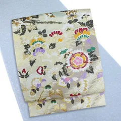 袋帯 新品 正絹 西陣 廣部商事 唐織 薄黄色 唐花 花 舞衣 三重織 二図全通 金糸 高級 極上 逸品 美品 未仕立て 結婚式 礼装用 フ No.5-0332