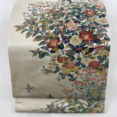 【美品】 袋帯 名品 唐絹 鳥 枝花 箔 唐織 クリーム 六通 正絹 【中古】
