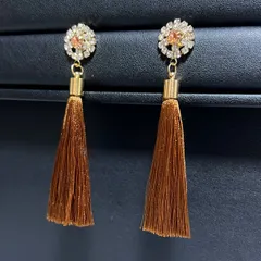 [100mm〜] 大振り ロングタッセル フリンジ ピアス（ブラウン）エスニック アジアン ボヘミアン Bohoダンス 映画 劇団 パーティ AS-005-BR