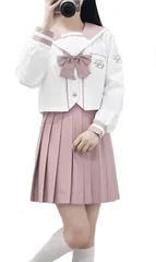 新品 [CAWILXHA] 桜蘭 セーラー服 長袖 半袖 虹色 本格制服 前開き コスプレ衣装 4点セット 蝶結び付き 靴下付き (長袖セット M)