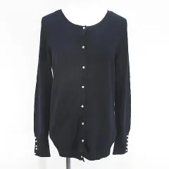 ザラ ZARA 長袖 カーディガン ニット L 紺系 ネイビー ストレッチ リブ パール調ボタン 無地