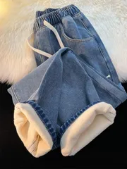 【秋冬新作】加厚フリース付きデニムパンツ レディース ハイウエスト＆ドローストリング ゆったりヴィンテージ保温ワイドパンツ