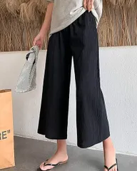 ワイドパンツ レディース 綿麻 ゆったり リネン ガウチョパンツ ロングパンツ ウエストゴム 麻混 体型カバー 美脚 春夏 langshun01