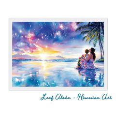 ハワイの海アート A4額付き｜星降る浜辺と母子のぬくもり No.06 Leaf Aloha