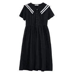 [Weileenice] 黒 ワンピース 120 ロング 子供 海軍風 発表会 入学式 法事 ワンピース セーラー襟 半袖 女の子 喪服 普段着 キッズ ドレス ブラック フォーマル 夏服