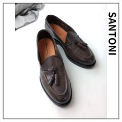 SANTONI サントーニ タッセル ローファー レザー シューズ UK7 US8 ダークブラウン 茶 (80Y＋1234)25A