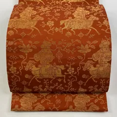 袋帯 龍村晋 落款 胡服遊行錦 人馬 枝花 箔 赤茶 正絹 袋帯 龍村晋 落款 胡服遊行錦 人馬 枝花 箔 赤茶 正絹