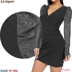 ワンピース 膝上丈 長袖 Vネック レイヤード LAインポート ラップワンピース S.M.L 無地ブラック FROM USA BB231214LA016