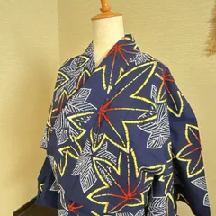 き503 【浴衣】濃紺地×カラフルもみじ柄／赤・黄・白の大胆デザインが映える一