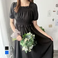 シャーリングパフスリーブワンピース レディース ロング丈 無地 黒 半袖 春 夏 秋 大人可愛い カジュアル 韓国 無地 ウエストマーク デート