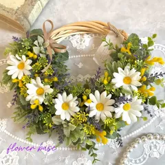 【※送料込み】❁⃘*.ﾟミモザのナチュラルハーフリース♡マーガレットのお花を散りばめて～アーティフィシャルフラワー(造花)リース直径21cm No.21