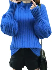 GIVEK ニット バルーン スリーブ 長袖 ハイネック 小顔 効果 レディース 秋 冬 セーター トップス Free Size( ブルー,  Free Size)