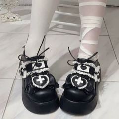 ロリータ 厚底 シューズ 黒 リボン クロスモチーフ 病みかわいい 地雷系 靴 ゴスロリ レディース フリル ハート 原宿系 量産型 コスプレ 闇かわ ブラック 革靴　サブカル　量産型　地雷系　ぴえん系　女子　靴　渋谷　原宿
