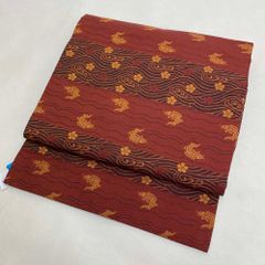 名古屋帯 なごや帯 鯉 九寸 帯 中古 リサイクル 赤 全体柄 普段着 お洒落着 紬 小紋 正絹 ハンドメイド 3058