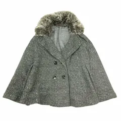 美品 コムサイズム COMME CA ISM ヘリンボーン ツイード ボアカラー ケープ ポンチョ 裏起毛 ジャケット ブルゾン ジャンパー 上着 アウター F 黒 ブラック 白 ホワイト ブラウン レディースのサムネイル