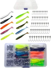 RENASYS ワーム ルアー ジグヘッド 100個 セット 10色 5サイズ 1g 1.8g 2.5g 3.5g 収納ケース付き(ミックス(ピンテールタイプ),  5.5cm)