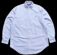 90s ラルフローレン YARMOUTH マルチストライプ ボタンダウン オックスフォード コットンシャツ サックス×白 15.5-34★オールド