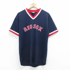 L/古着 マジェスティック 半袖 ビンテージ Tシャツ メンズ 90s MLB ボストンレッドソックス Vネック 紺他 ネイビー メジャーリーグ ベース