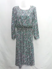 ◇ AG 花柄 ウエストベルト付き 長袖 ロング丈 ワンピース サイズM ブラック グリーン レッド レディース E  【1406050080686】