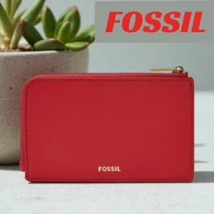 Fossil フォッシル レザー ジップ カードケース レッド コインケース ミニ 財布 コンパクト (z)