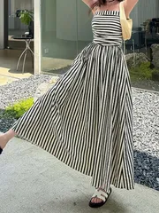 ワンピース レディース オフショルダー マキシ丈 ストライプ ブラックホワイト ビーチ カジュアル M250628-19