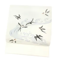 秀美 名古屋帯 十日町友禅 夏物 白地 ホワイト ツバメ 燕 波に燕 絽 正絹 最高級塩瀬生地 五泉 友禅染 九寸 新品 お仕立て上がり 上品 お洒落着 カジュアル おしゃれ 粋 かわいい 涼しい 爽やか No.6-1647