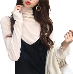 [G-tiamo] [ジーティアモ] ハイネック シアー 無地 カットソー レディース トップス インナー シャツ シースルー レース 長袖 メッシュ 体型 カバー しわ 重ね着 ブラウス 透け 感 着回し 力 伸縮 軽量 薄手 メロウ フリル セクシー 春 