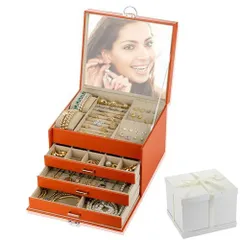 オレンジ Exgox ジュエリーボックス 大容量 アクセサリーケース 4段式 PUレザー アクセサリー 収納 ジュエリーケース レディース 鏡付き 鍵付き アクセサリー イヤリング ネックレス 腕時計 アクセサリーケース 宝石箱 持ち運び 誕生日 母の日 結婚