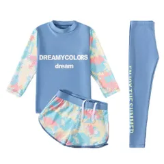 ☆ ブルー ☆ 105cm-120cm(XL) ☆ 水着3点セット lyswim1 水着 女の子 セパレート キッズ ラッシュガード 3点セット 約 100 110 120 約 130 140 150 上下セット 長袖 長ズボン セットアップ