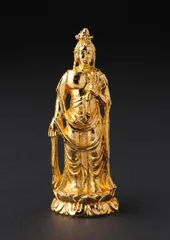「金彩色木版画 十一面観音菩薩像図」江戸中期頃刊 1幅|仏像 仏画 仏教美術和本 十一面観音菩薩（截金彩色・光背金箔仕上）の木彫り仏像