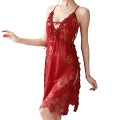 スリップ＆Tバック ２点セット ベビードール 総レース ネグリジェ セクシーランジェリー スリット 透け感 コスプレ 衣装 シースルー 黒 白 赤 su-007