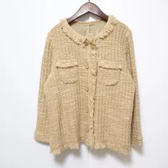 #wnc レリアン Leilian ジャケット 13+ ベージュ ニット ノーカラー ラメ フリンジ ラインストーン 大きいサイズ 美品 レディース [854263]