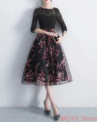 パーティードレス パーティドレス 結婚式 ワンピース 袖あり レース aライン ミディアム丈 フォーマルドレス ブラック お呼ばれ 二次会 発表会  0668