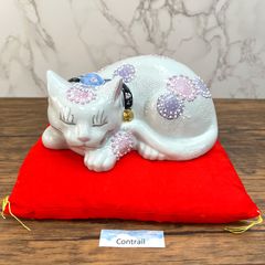 【九谷焼】6号 眠り猫 花むらさき 座布団付き Kutani Ware Lucky Cat Sleeping Cat Flower Purple