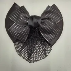 ●97 SHC⑰　 サテン＋ラメ入りライン 　リボン 　 ネット付き  　ソフトクリップ 　 ブラック　ブラウン　ネイビー　バレッタ  　ヘアアクセ  　お団子カバー  　まとめ髪  　おしゃれ