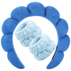 【在庫セール】細いヘアアクセサリー 厚手 ノンスリップ 冬 ヘッドウェア ふわふわ (ダークブルー-3) ガールズ レディース ヘアバンド ソフト バブル タオル ヘッドバンド スキンケア メイクアップ スポンジ リストバンドセット 洗顔用 スパヘッドバンド