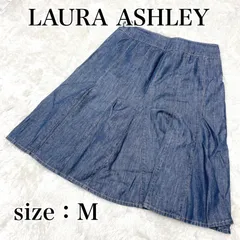 ローラアシュレイ  リネン混 麻混 コットン リネン デニム フレアスカート ひざ丈 青 ブルー Mサイズ