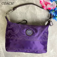 ✨良品✨ COACH コーチ ワンショルダーバッグ ハンドバッグ オプアート ロゴプレート シルバー金具 チャーム ロゴ型押し ナイロン エナメルレザー レディース パープル 紫色