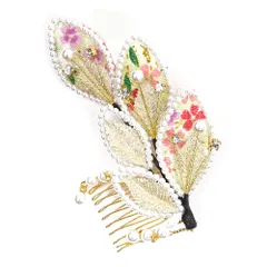 髪飾り コーム型 ラインストーン パール 生成り クリーム色 ゴールド 白 キラキラ ラメ リーフ 葉 ちりめん 和柄 小さい かん No.9-3402