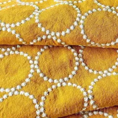 コットンリネン刺繍生地 130×50 マスタード×白 北欧風 はぎれ ハンドメイド