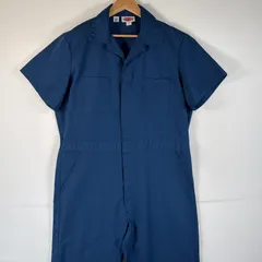 古着 ディッキーズ Dickies USA製 半袖つなぎ オールインワン ワーク 作業着 大きいサイズ ワンポイントロゴ サイドポケット 44LONG  ネイビー系 メンズ