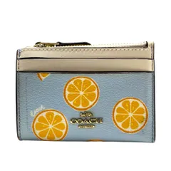 コーチ IDケース 3303 パスケース カードケース コインケース オレンジ プリント ロゴ レザー ホワイト ブルー キーリング付き COACH レディース 美品 正規品 上品な印象 高級感あるデザイン