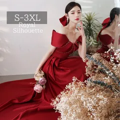 ナイトドレス レッド 赤 パーティドレス オフショルダー ドレス 袖なし 謝恩会 結婚式 大きいサイズ S M L XL LL 2XL XXL 3XL XXXL 発表会 パーティー 姫系 プリンセス ジッパー フェミニン ロング丈 パール