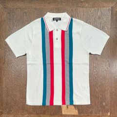 never trust マルチストライプ・ニットポロシャツ　WHITE/BLUE　　モッズ　レトロ　昭和　パンクロック　THE CLASH　ポール・シムノン　Paul Simonon