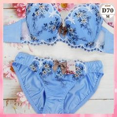 ★D70/M☆美胸ブラ＆ショーツセット 丸胸 ナチュラルバストメイク プチフルール キュート 水色