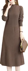 newNE ニューネ ニットワンピース レディース Aライン ミドル丈 リブ スカート 体型カバー 着痩せ 秋 冬 クリスマス トップス ハイネック 大きいサイズ セクシー 長袖 シンプル タートルネック リブニット タイト(ブラウン,  M)